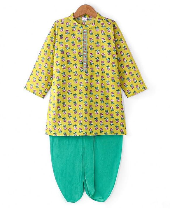 Babyhug Cambric Woven Full Sleeves Kurta Dhoti Set Floral Print - Lime