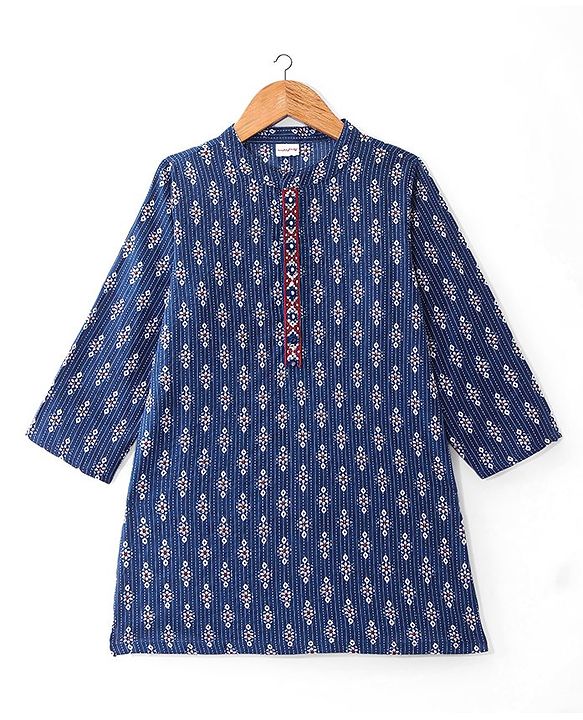 Babyhug Cambric Woven Full Sleeves Floral Printed Kurta Dhoti Set - Indigo