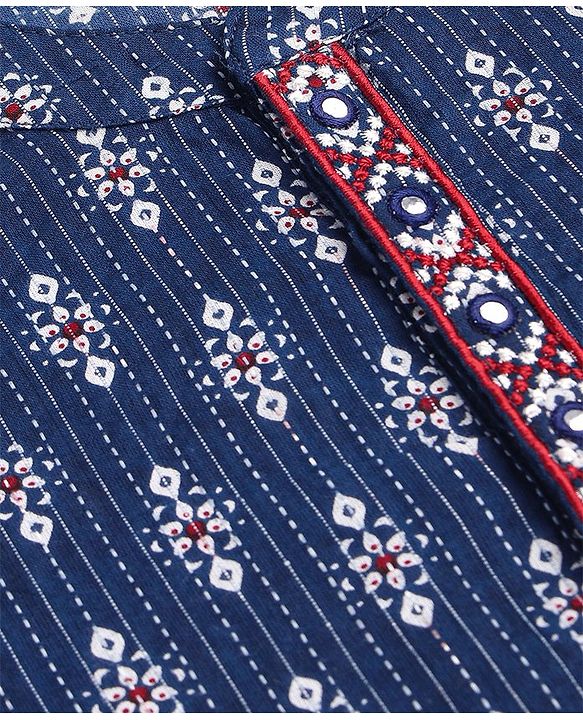 Babyhug Cambric Woven Full Sleeves Floral Printed Kurta Dhoti Set - Indigo