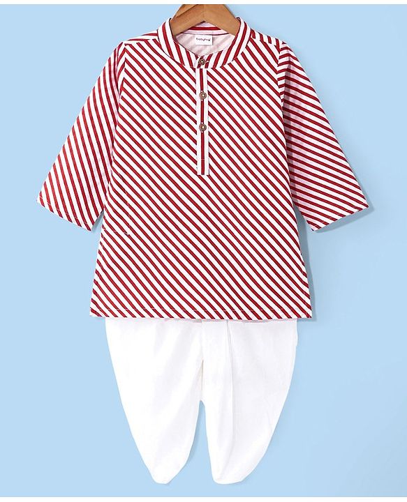 Babyhug Cambric Full Sleeves Striped Kurta Dhoti Set - Red & White