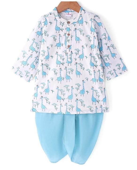 Babyhug Cambric Woven Full Sleeves Giraffe Printed Kurta Dhoti Set - White