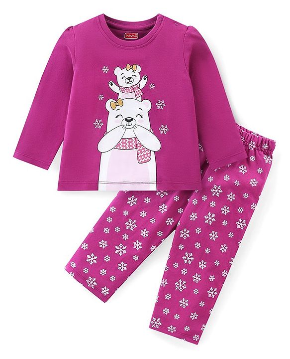 Babyhug Cotton Knit Full Sleeves Night Suit with Snow Bear & Flakes Print - Purple