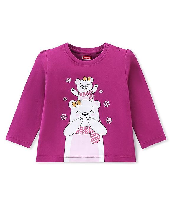 Babyhug Cotton Knit Full Sleeves Night Suit with Snow Bear & Flakes Print - Purple