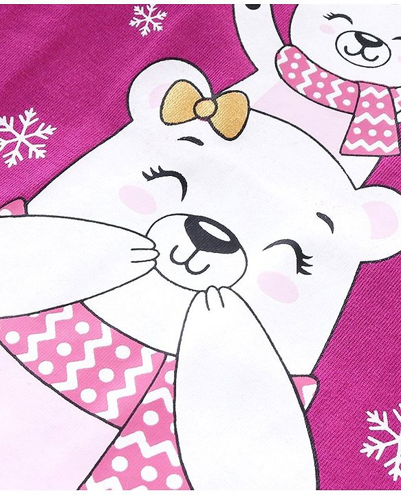 Babyhug Cotton Knit Full Sleeves Night Suit with Snow Bear & Flakes Print - Purple