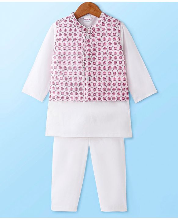 Babyhug Cambric Woven Solid Dhoti Kurta Set with Floral Printed Nehru Jacket - Pink & White