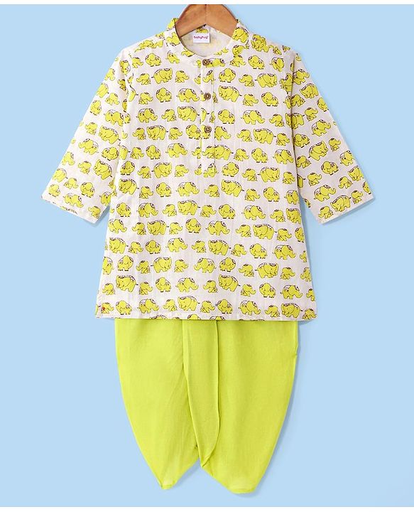 Babyhug Cambric Woven Full Sleeves  Elephant Printed Dhoti Kurta Set - White & Yellow