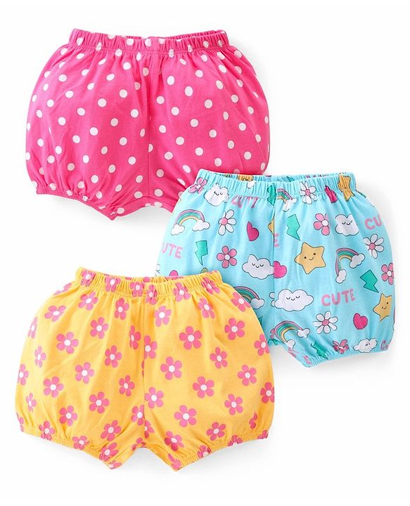 Babyhug 100% Cotton Knit Bloomers Polka Dots & Floral Print Pack of 3 - Pink Yellow & Blue
