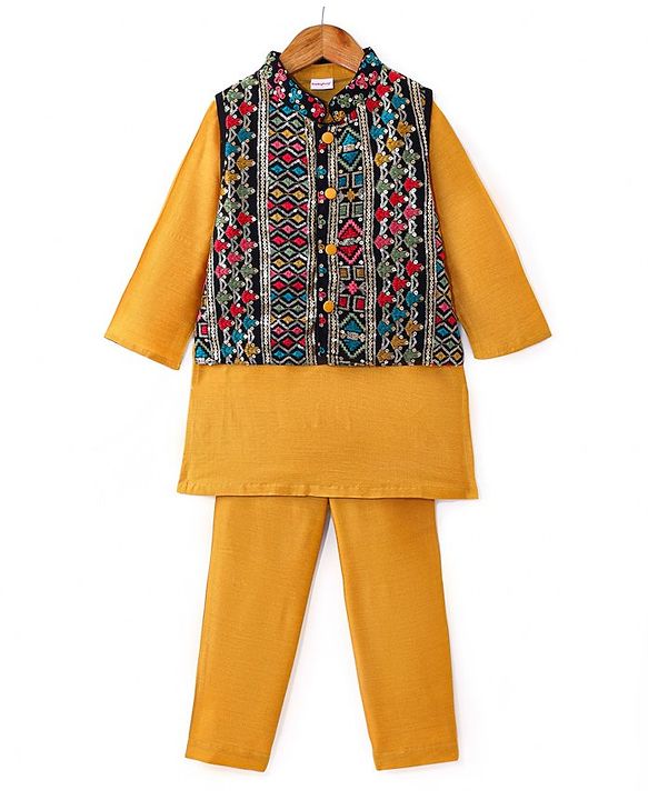 Babyhug Woven Full Sleeves Solid Colour Kurta Pyjama Set with Sequined Embroidered Nehru  Jacket - Mustard