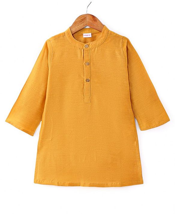Babyhug Woven Full Sleeves Solid Colour Kurta Pyjama Set with Sequined Embroidered Nehru  Jacket - Mustard