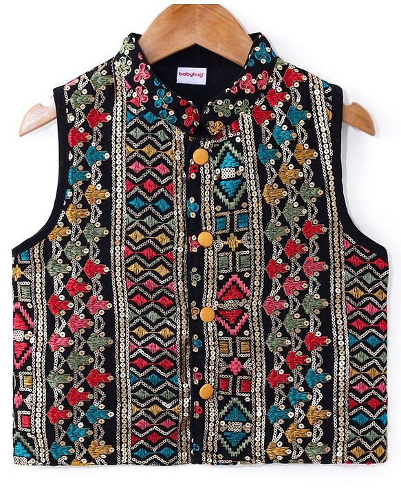 Babyhug Woven Full Sleeves Solid Colour Kurta Pyjama Set with Sequined Embroidered Nehru  Jacket - Mustard