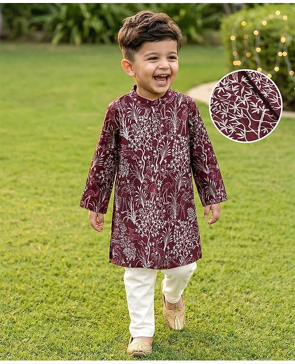 Babyhug Woven Full Sleeves Embroidered Kurta Pyjama Set - Maroon
