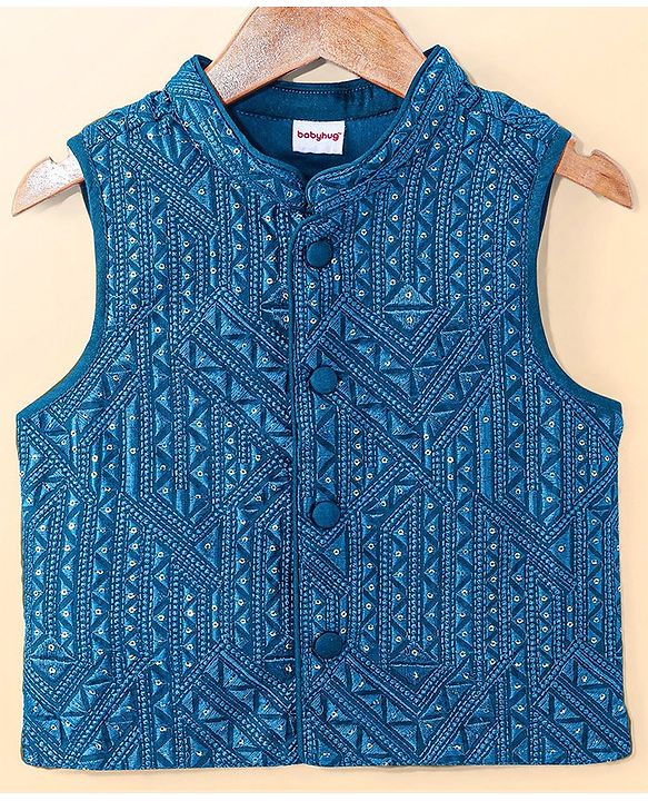 Babyhug Woven Full Sleeves Solid Colour Kurta Pyjama Set with Sequined Embroidered Nehru Jacket - Teal Blue