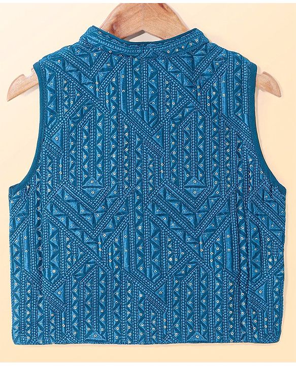 Babyhug Woven Full Sleeves Solid Colour Kurta Pyjama Set with Sequined Embroidered Nehru Jacket - Teal Blue