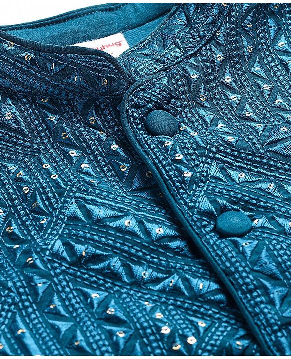 Babyhug Woven Full Sleeves Solid Colour Kurta Pyjama Set with Sequined Embroidered Nehru Jacket - Teal Blue