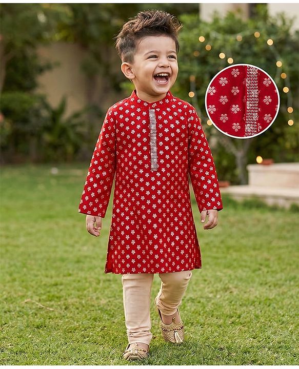 Babyhug Woven Full Sleeves Foil Printed Kurta Pyjama Set - Red