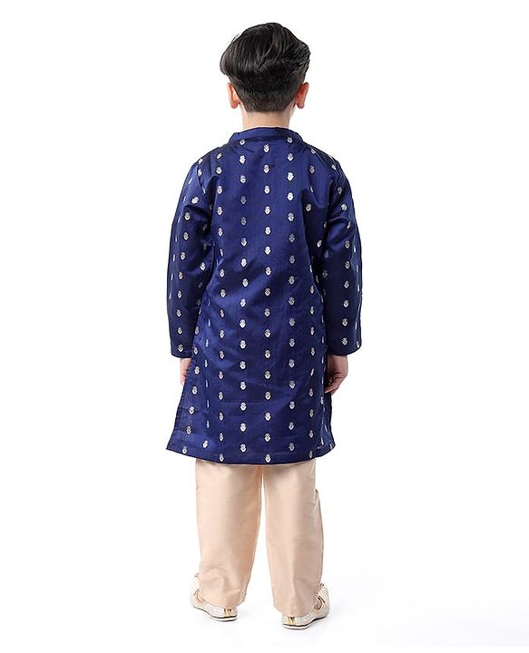 Babyhug Lurex Woven Full Sleeves Dobby Kurta Payjama Set with Floral Foil Print -  Navy Blue