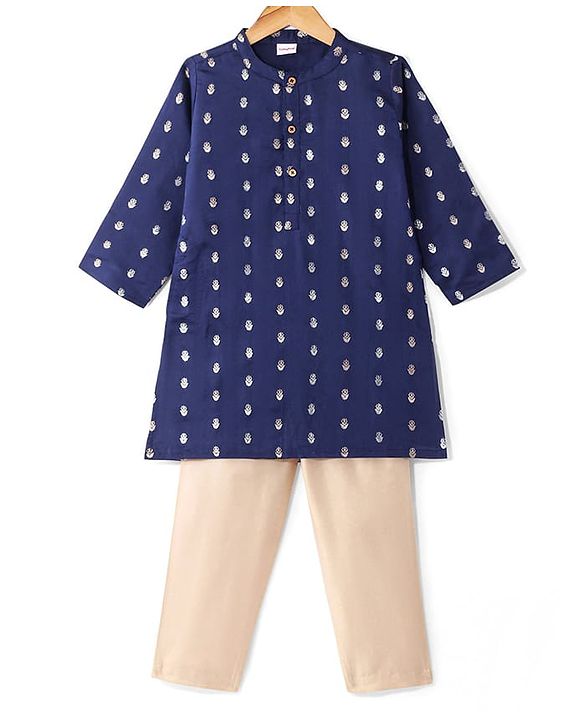 Babyhug Lurex Woven Full Sleeves Dobby Kurta Payjama Set with Floral Foil Print -  Navy Blue