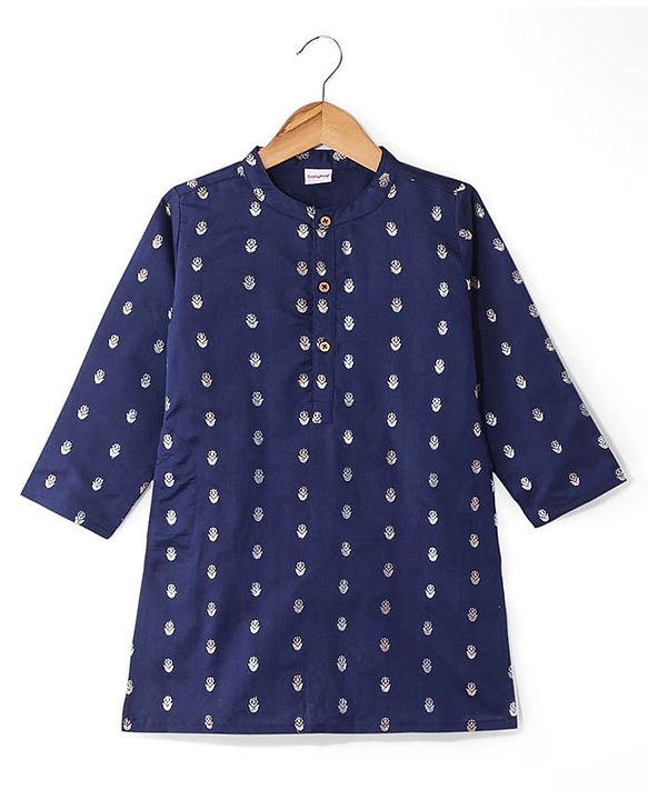 Babyhug Lurex Woven Full Sleeves Dobby Kurta Payjama Set with Floral Foil Print -  Navy Blue