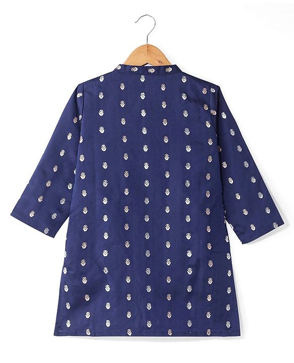 Babyhug Lurex Woven Full Sleeves Dobby Kurta Payjama Set with Floral Foil Print -  Navy Blue
