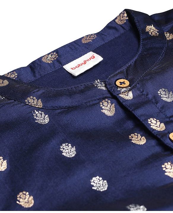 Babyhug Lurex Woven Full Sleeves Dobby Kurta Payjama Set with Floral Foil Print -  Navy Blue