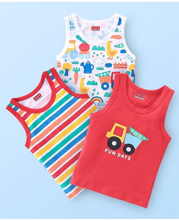 Babyhug 100% Cotton Knit Sleeveless Striped Sando Pack of 3- Multicolor