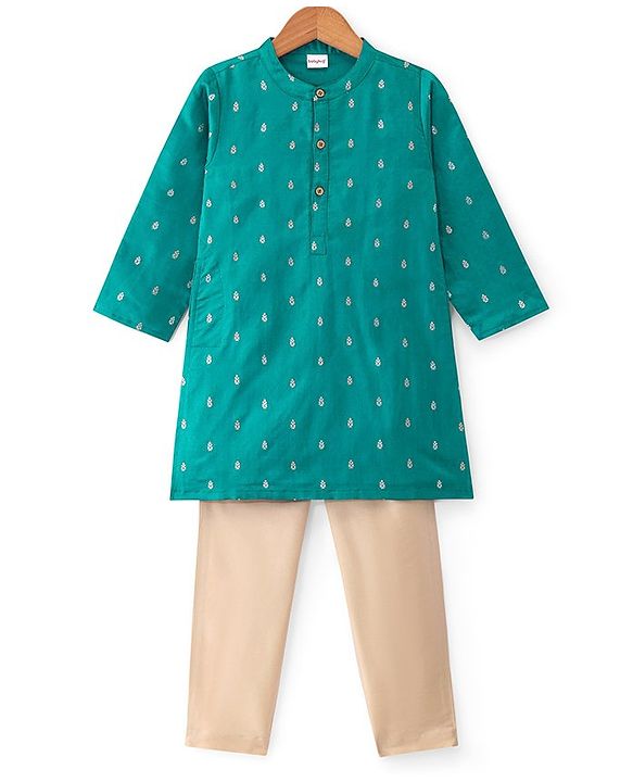 Babyhug Lurex Woven Full Sleeves Dobby Kurta Payjama Set with Floral Foil Print -  Green