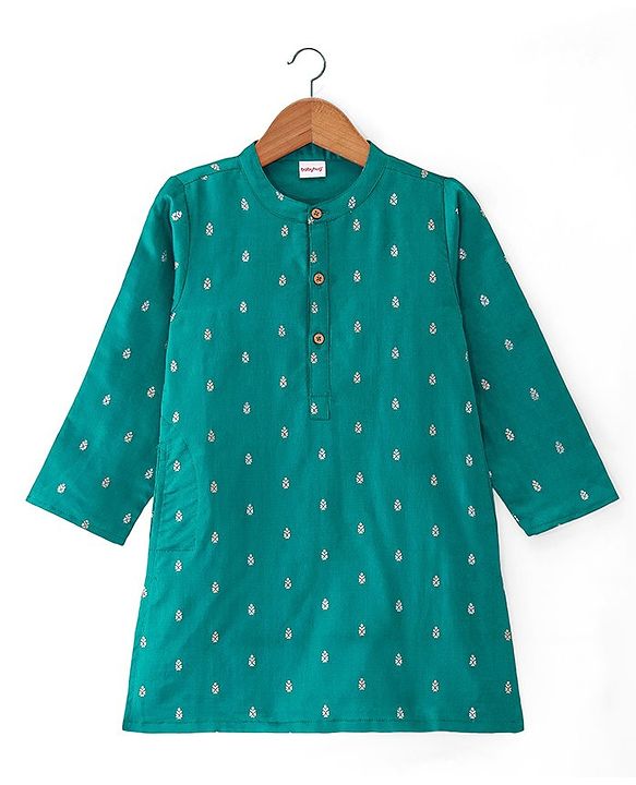 Babyhug Lurex Woven Full Sleeves Dobby Kurta Payjama Set with Floral Foil Print -  Green