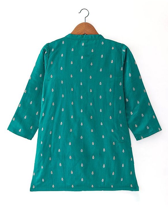 Babyhug Lurex Woven Full Sleeves Dobby Kurta Payjama Set with Floral Foil Print -  Green