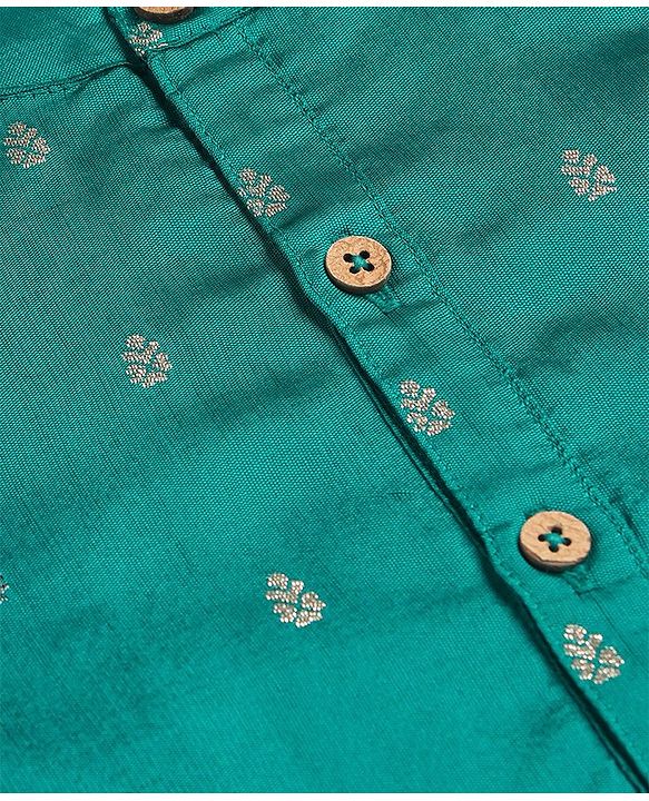 Babyhug Lurex Woven Full Sleeves Dobby Kurta Payjama Set with Floral Foil Print -  Green