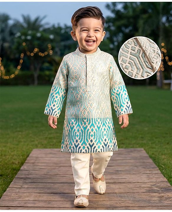 Babyhug Woven Full Sleeves Kurta Pyjama Set Geometric Print - Aqua