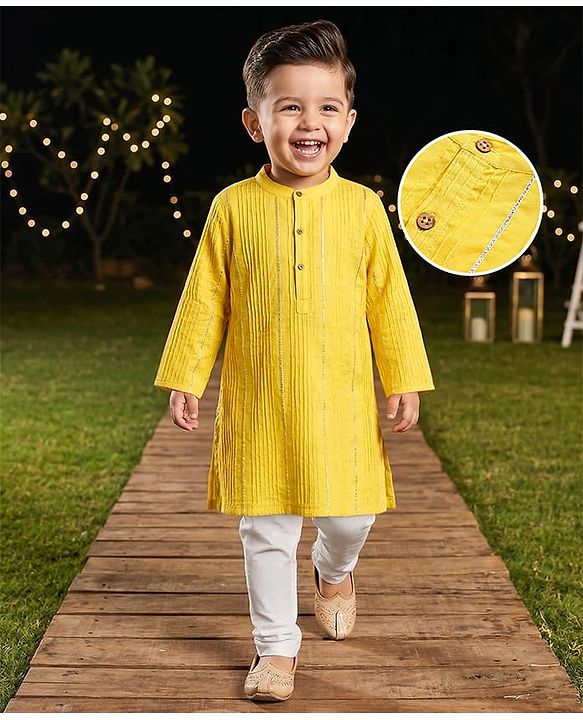Babyhug Woven  Full Sleeves Pintucked Kurta with Gotta Patti Emblishment & Pyjama Set- Yellow