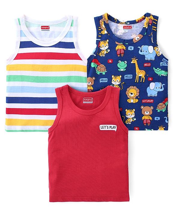 Babyhug 100% Cotton Knit Sleeveless Sando With Animal Print Pack of 3- Multicolor