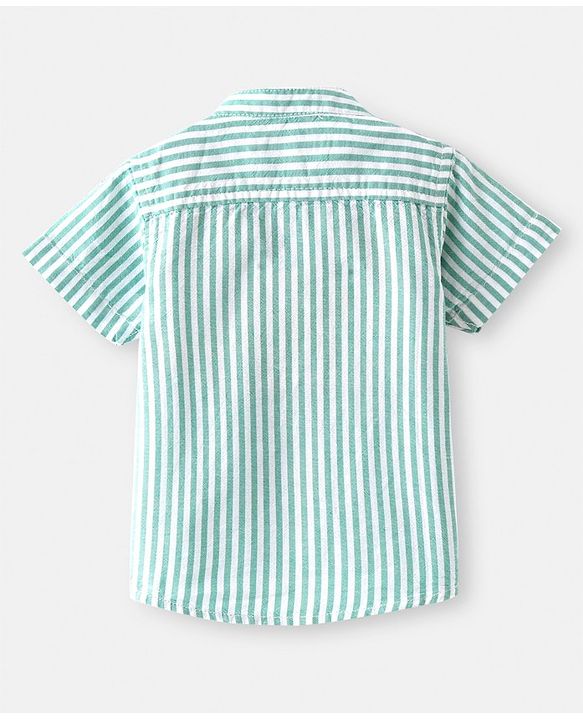 Babyhug Cotton Woven Half Sleeves Mandarin Collar Striped Shirt - Green