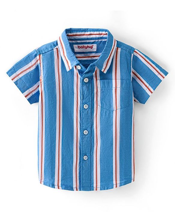 Babyhug Cotton Woven Half Sleeves Striped Shirt - Blue