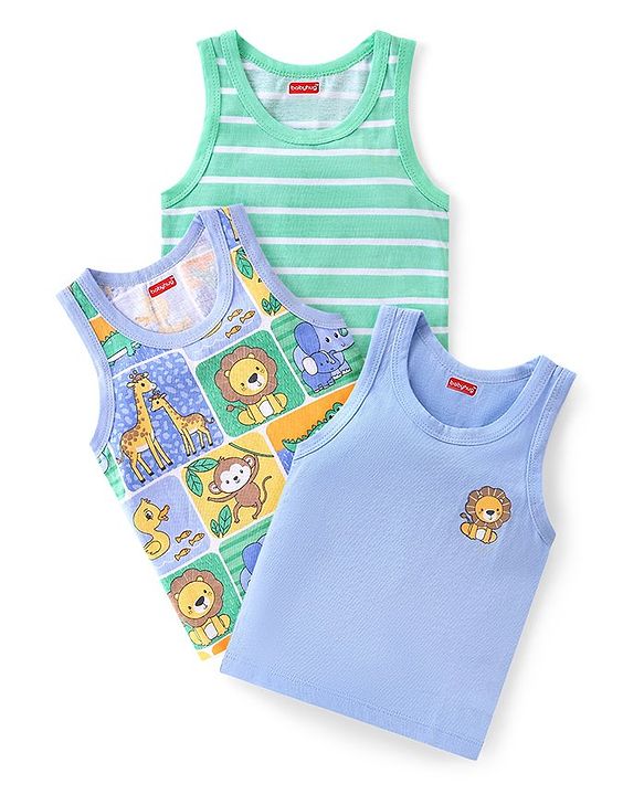 Babyhug 100 % Cotton Knit Sleeveless Sandos with Striped & Animal Print  Pack of 3- Blue & Green