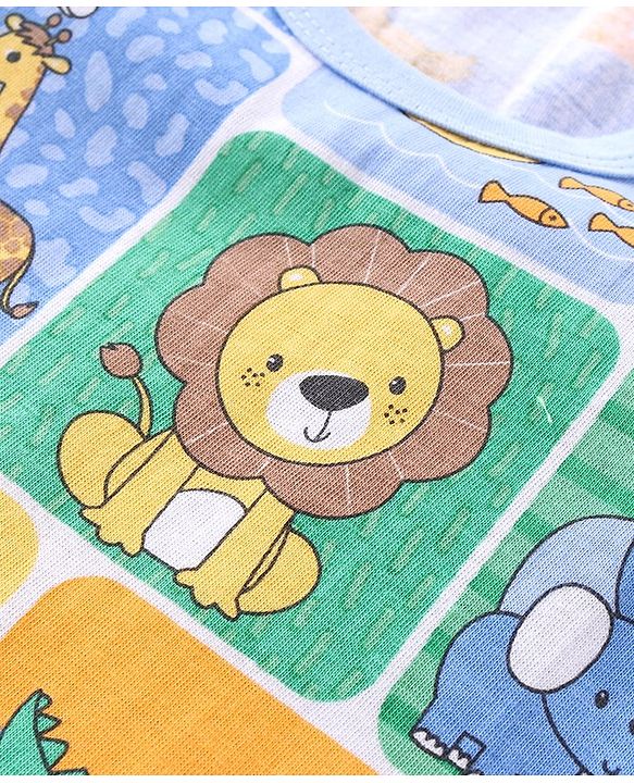 Babyhug 100 % Cotton Knit Sleeveless Sandos with Striped & Animal Print  Pack of 3- Blue & Green