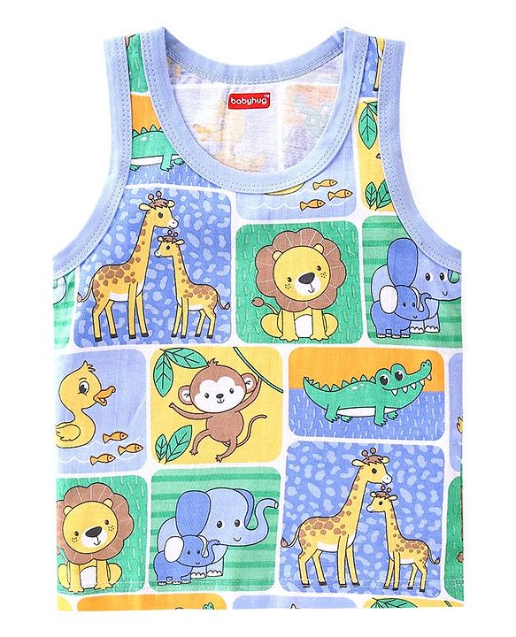 Babyhug 100 % Cotton Knit Sleeveless Sandos with Striped & Animal Print  Pack of 3- Blue & Green