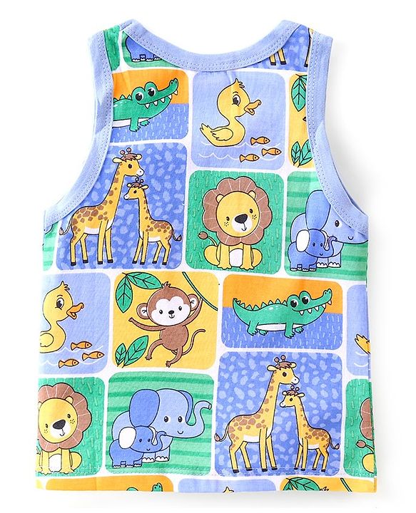 Babyhug 100 % Cotton Knit Sleeveless Sandos with Striped & Animal Print  Pack of 3- Blue & Green
