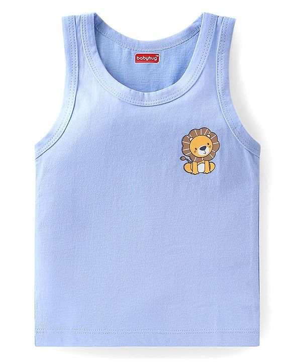 Babyhug 100 % Cotton Knit Sleeveless Sandos with Striped & Animal Print  Pack of 3- Blue & Green