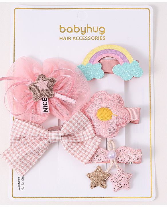 Babyhug Free Size Hair Accessories Combo Set With Bow & Floral Applique - Pink