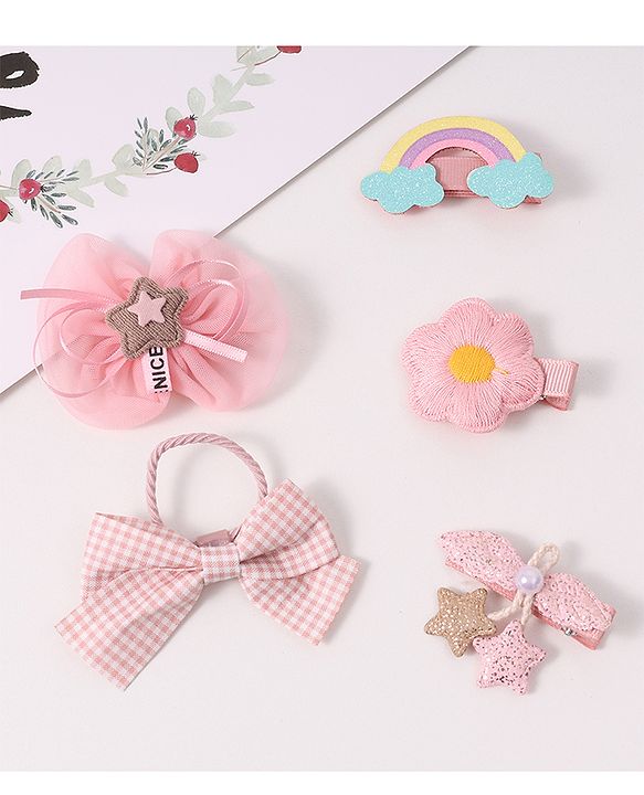 Babyhug Free Size Hair Accessories Combo Set With Bow & Floral Applique - Pink
