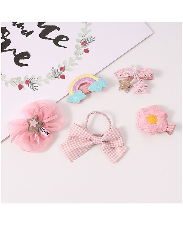 Babyhug Free Size Hair Accessories Combo Set With Bow & Floral Applique - Pink