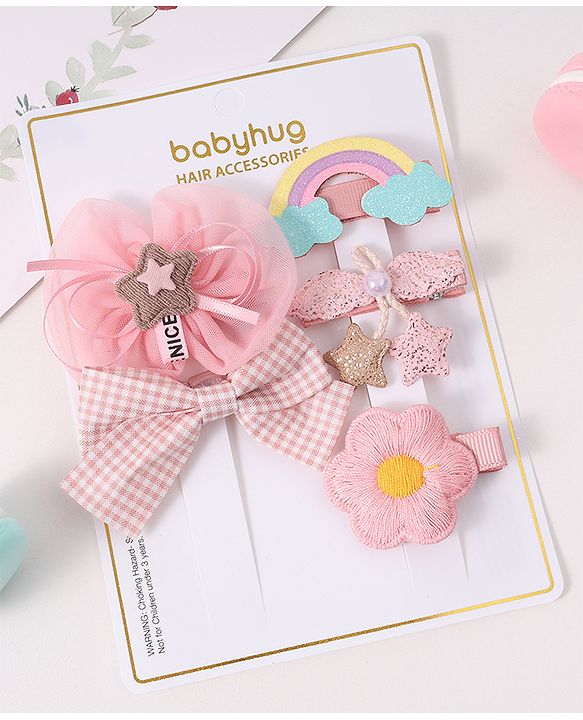 Babyhug Free Size Hair Accessories Combo Set With Bow & Floral Applique - Pink