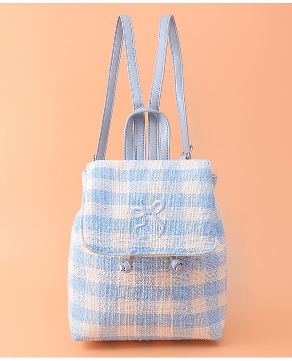 Pine Kids Checkered Fashion Backpacks With Bow Embroidery - Blue