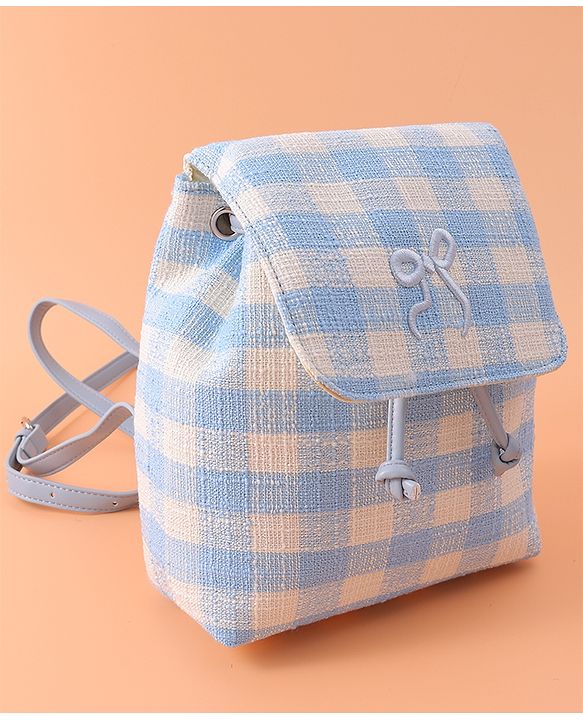 Pine Kids Checkered Fashion Backpacks With Bow Embroidery - Blue