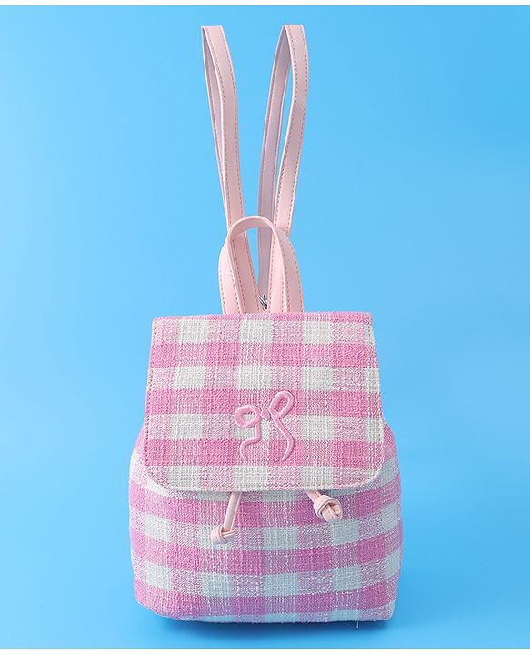 Pine Kids Checkered Fashion Backpacks With Bow Embroidery - PInk