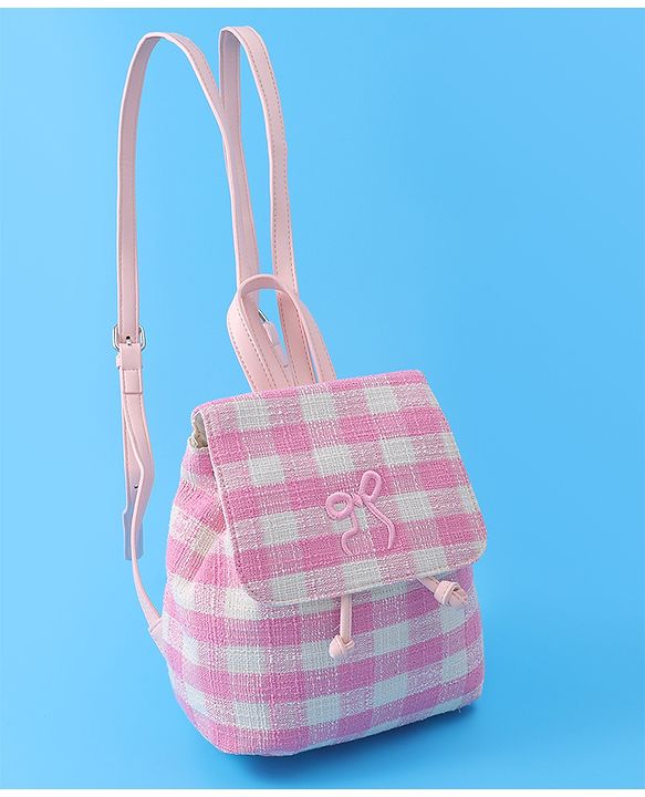 Pine Kids Checkered Fashion Backpacks With Bow Embroidery - PInk