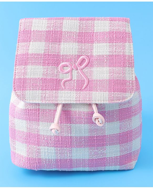 Pine Kids Checkered Fashion Backpacks With Bow Embroidery - PInk