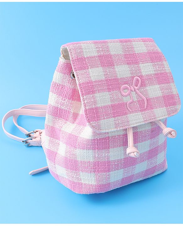 Pine Kids Checkered Fashion Backpacks With Bow Embroidery - PInk