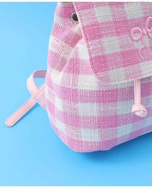 Pine Kids Checkered Fashion Backpacks With Bow Embroidery - PInk